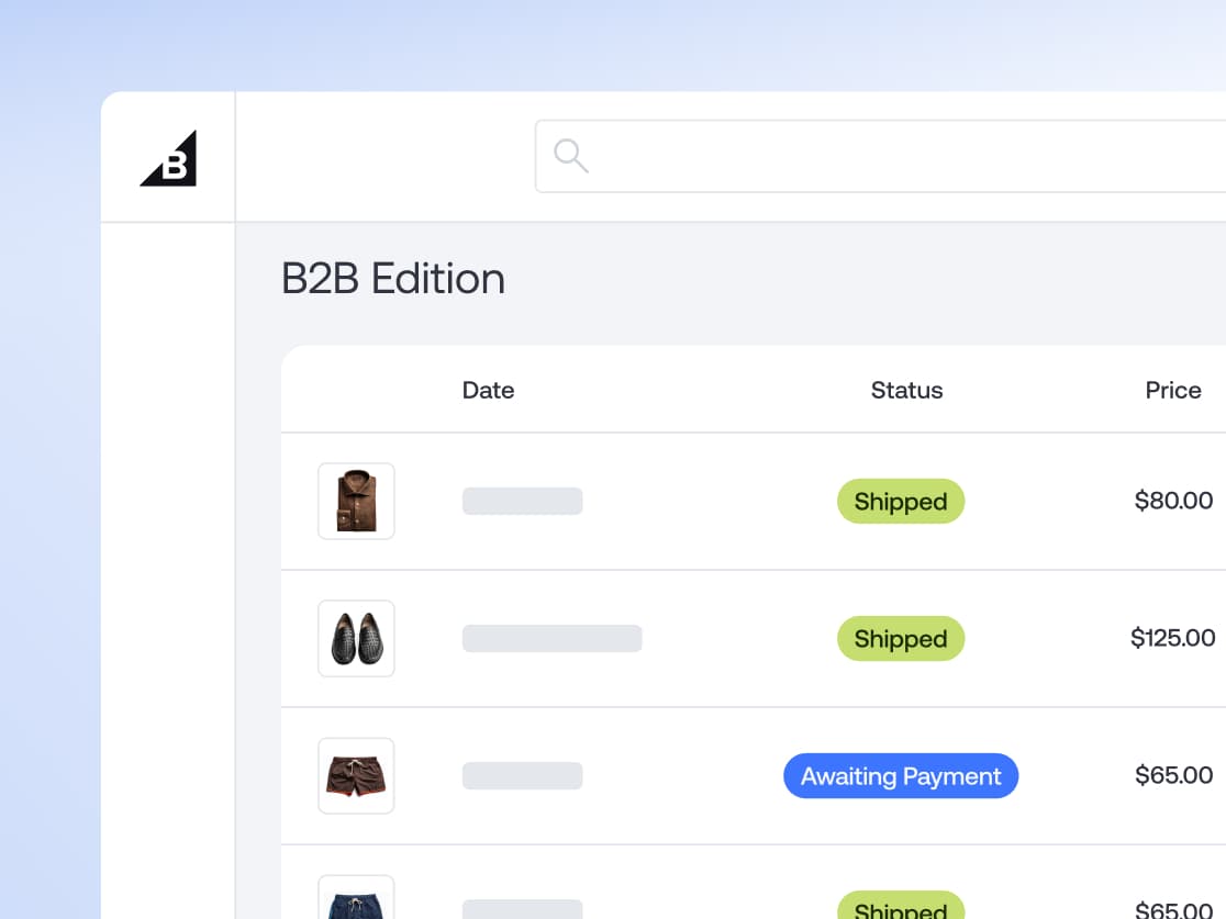 Portal BigCommerce B2B Edition que rastrea envíos mayoristas y el estado de pago de pedidos de comercio electrónico.